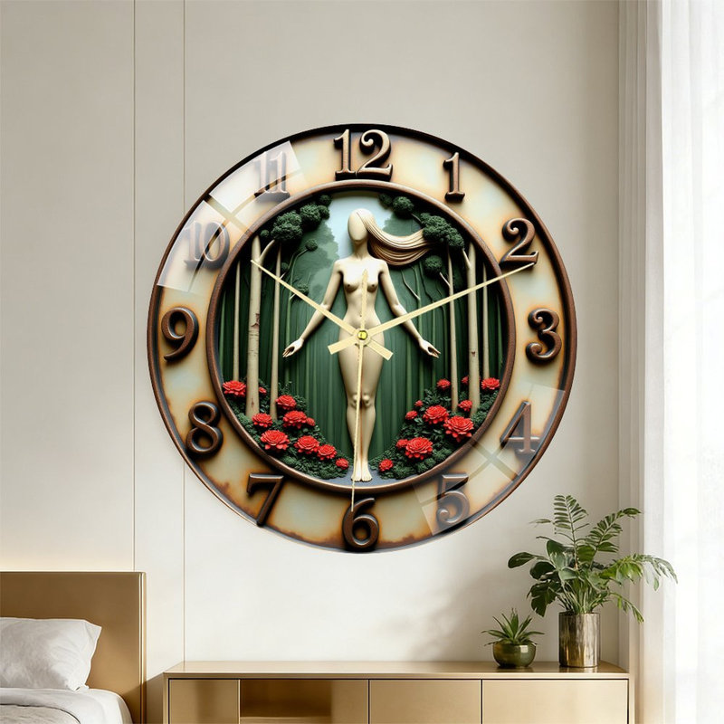 «Forest Woman», horloge murale moderne en verre 16 po