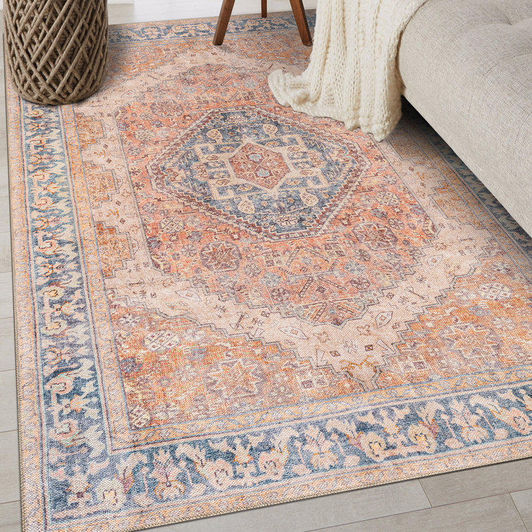 Valora Rust Medallion Pattern Machine Washable Flatweave Rug With Non-Slip Backing