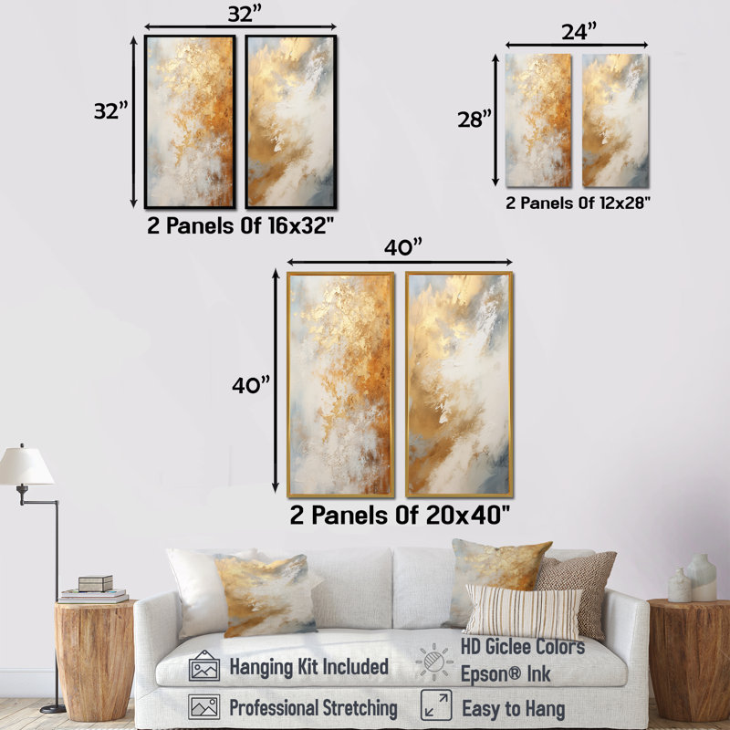 Ensemble de salon mural beige et doré en forme de neige - formes abstraites, ensemble de 2, H 28 po x l 25 po, Toile tendue