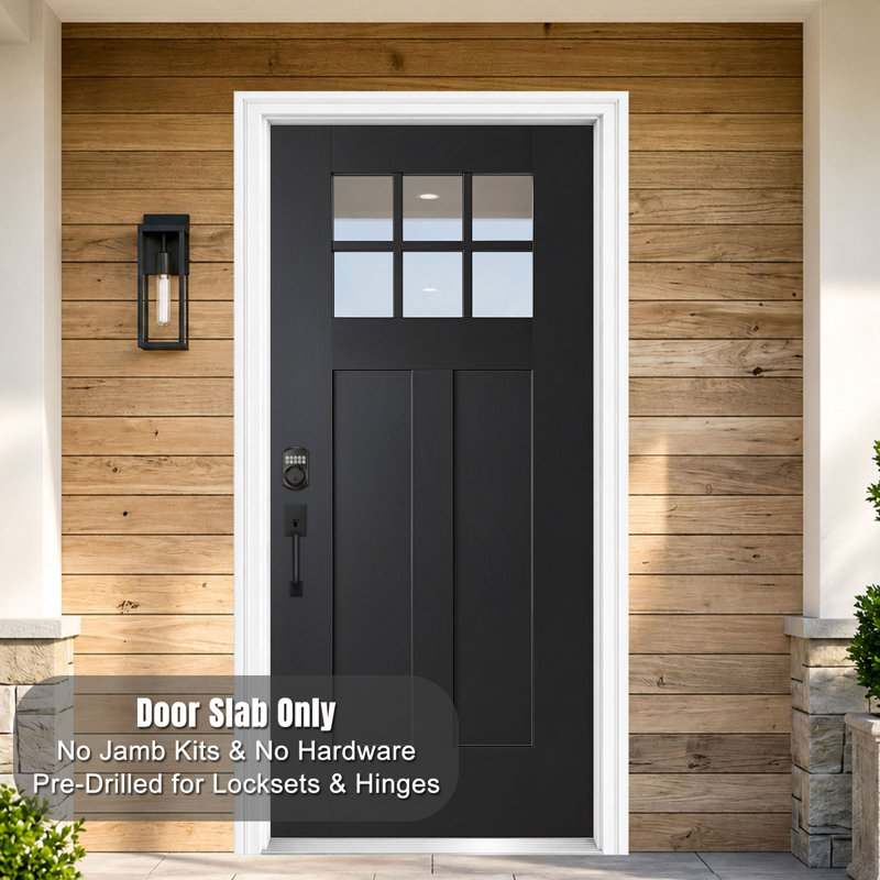 36 po x 80 po Dalle de porte d'entrée noire renforcée de fibres seulement, ouverture vers la droite, verre trempé à faible émissivité, sans rebord