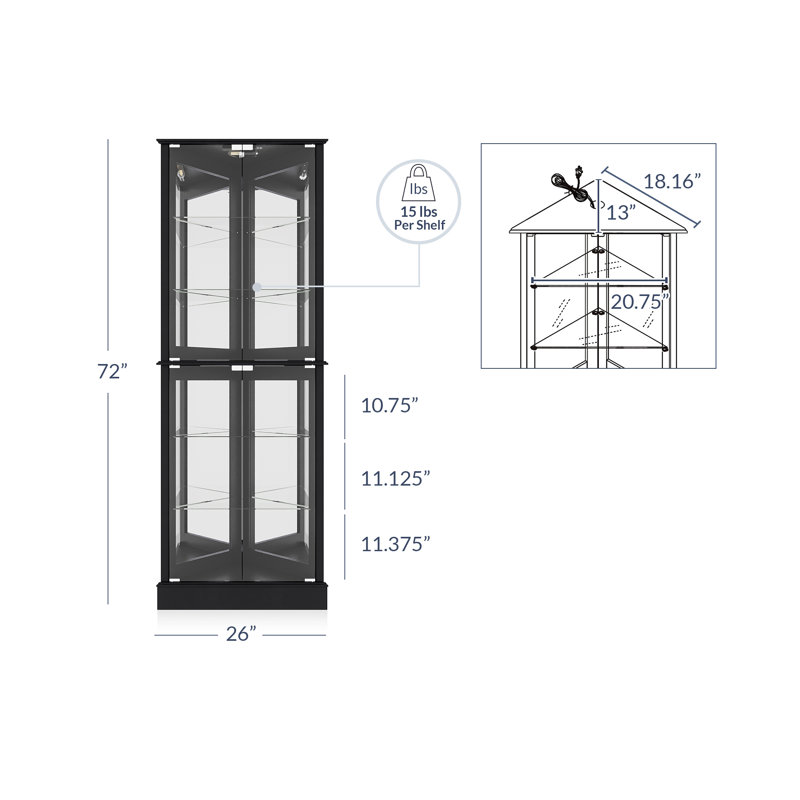 Vitrine de coin lumineuse H 72 po, Noir