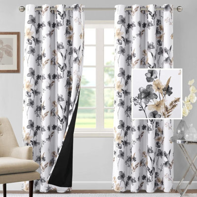 100% Blackout Curtains 96 Inch Length 2 Panels Set Cattleya Floral Printed Drapes Leah Floral Thermal Curtains For Bedroom With Black Liner Sound Proof Curtains,