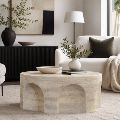 Table basse moderne et minimaliste moderne avec base arquée unique, sans assemblage requis, structure robuste pour le salon, la chambre à coucher et l'extérieur.