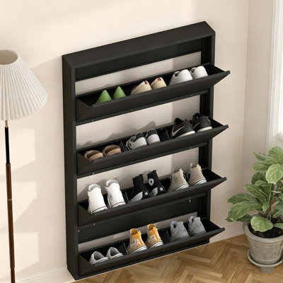 Metal Shoe Cabinet with 4 Flip Drawers, Wall Mounted Shoe Organizer, Narrow Slim Hidden Shoe Rack Storage for Entryway, Black