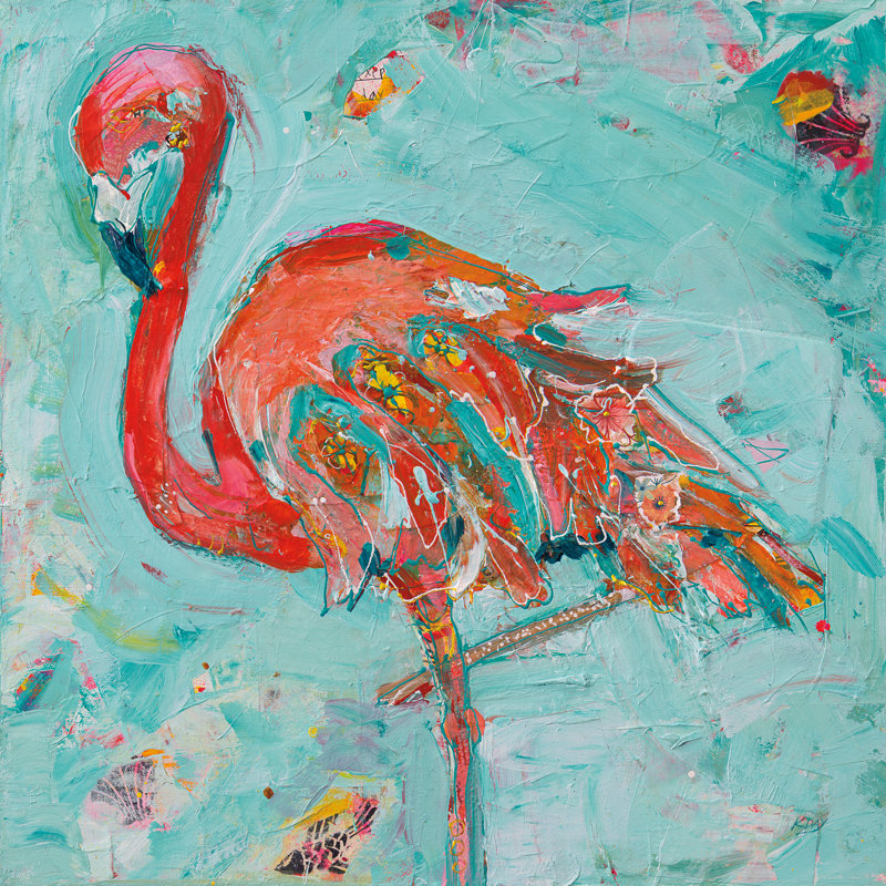 «Flamingo» par Kellie Day, reproduction faite à la machine, H 12 po x l 12 po, Cadre simple blanc, Blanc