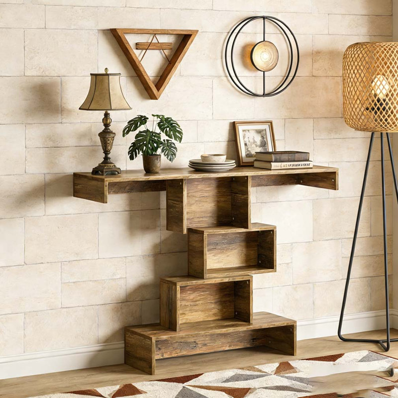 Table d'appoint en bois avec base géométrique, Marron clair