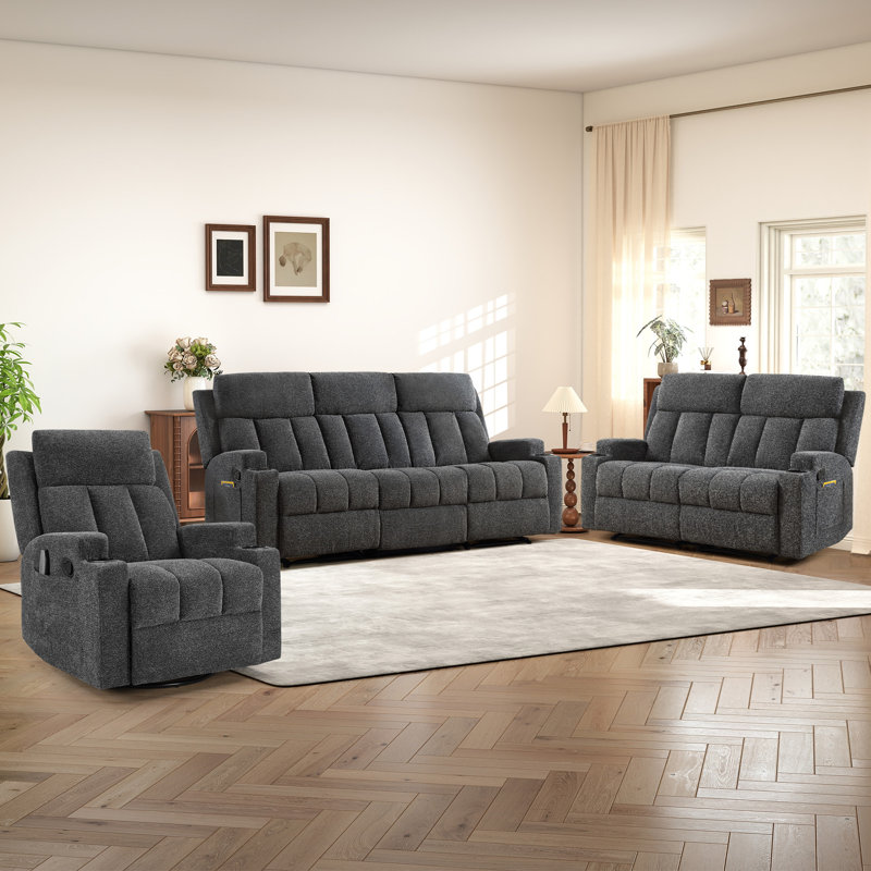 Ensemble de salon inclinable manuel 3 pièces avec fauteuil inclinable massant et chauffant, causeuse et canapé 3 places avec centre fixe