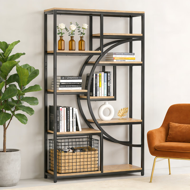 175cm H x 95cm W Iron Etagere Bookcase, Light Brown/Black