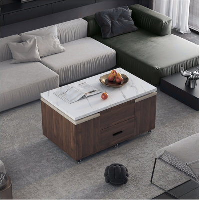 Modern Lift-Up Coffee Table With 4 Stools Set For Living Room Expandable 1 Hidden Storage + 2 Drawers Space Saving Folding Dining Table