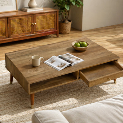 Coffee Table, Accent, Cocktail, Rectangular, Storage, Living Room, 44"l, Walnut Laminate, Wood Legs, Mid Century