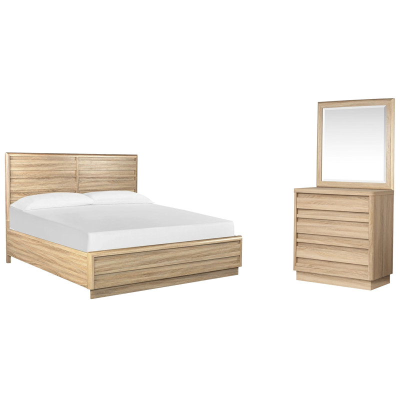 Lit à panneaux très grand Headen et commode à tiroir simple avec miroir Portrait, 3 Pcs: Bed, Single Dresser, Mirror