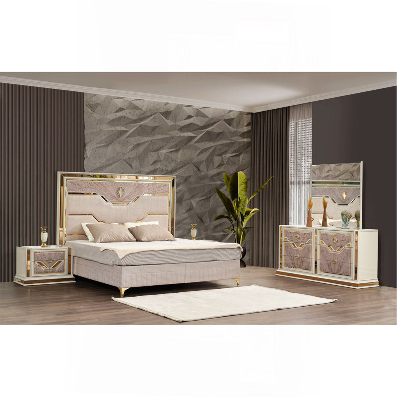 Ensemble de chambre à coucher grand lit 4 pièces de style moderne avec accents de bois et dorés beiges