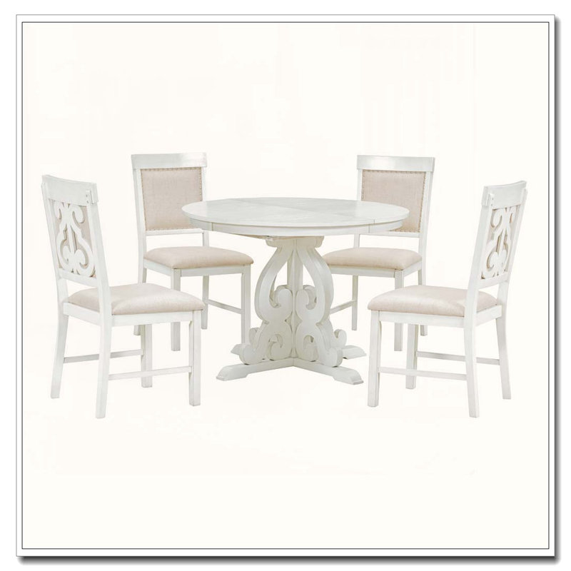 Ensemble de salle à manger extensible 5 pièces avec chaises creuses, Blanc antique