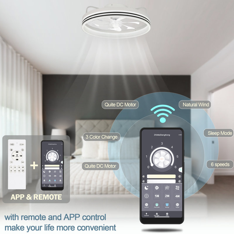 20" Modern Flush Mount Ceiling Fan with LED Light and Remote 6-speed Reverisble DC Motor Low Profile Fan for Bedroom, White