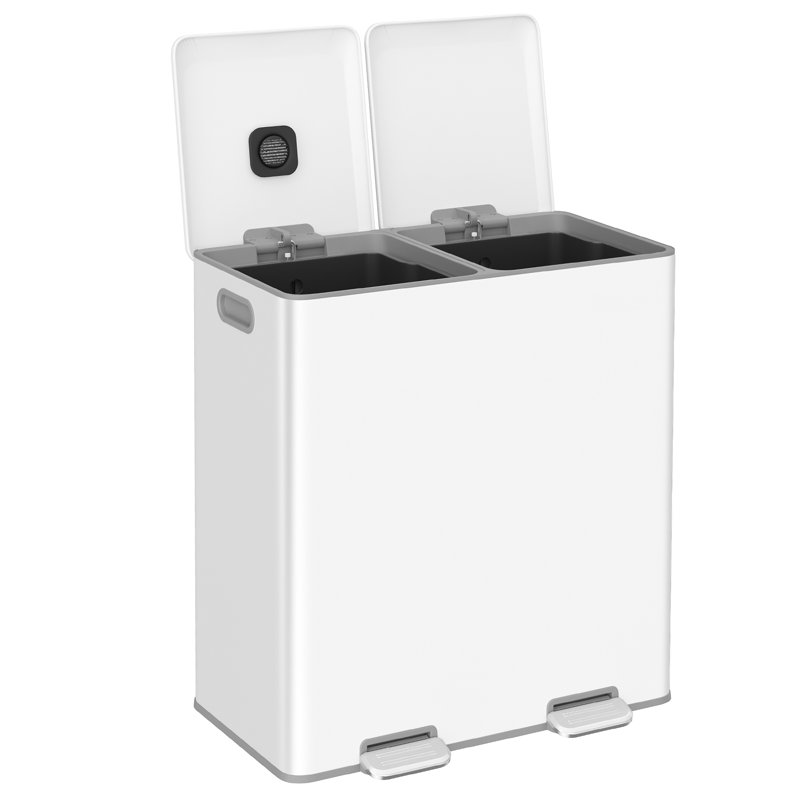 Double poubelle, poubelle en acier inoxydable de 60 L, avec couvercles à fermeture douce, seaux intérieurs doubles, pédales, argent