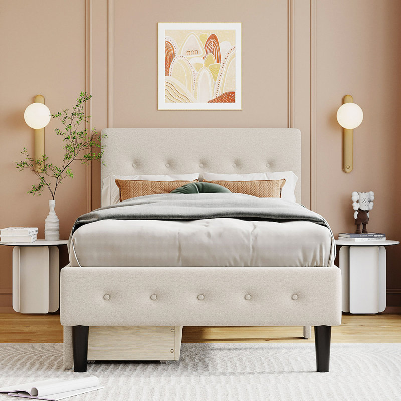 Lit moderne tapissier avec 2 tiroirs
