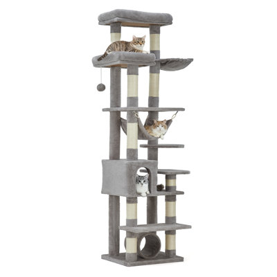 74" Light Gray Tall Cat Tree for Large Cats Sturdy Cat Tower with 11 Scratching Posts Spacious Top Perch Interactive Toy Balls & Cozy Cat Condo Heavy Duty Cat House for Adult Big Cats