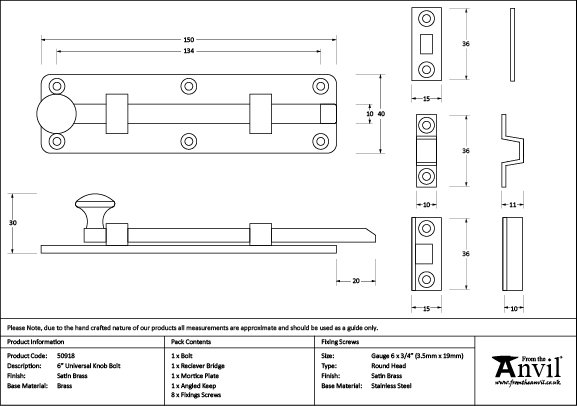 Universal Satin Brass 6" Bolt