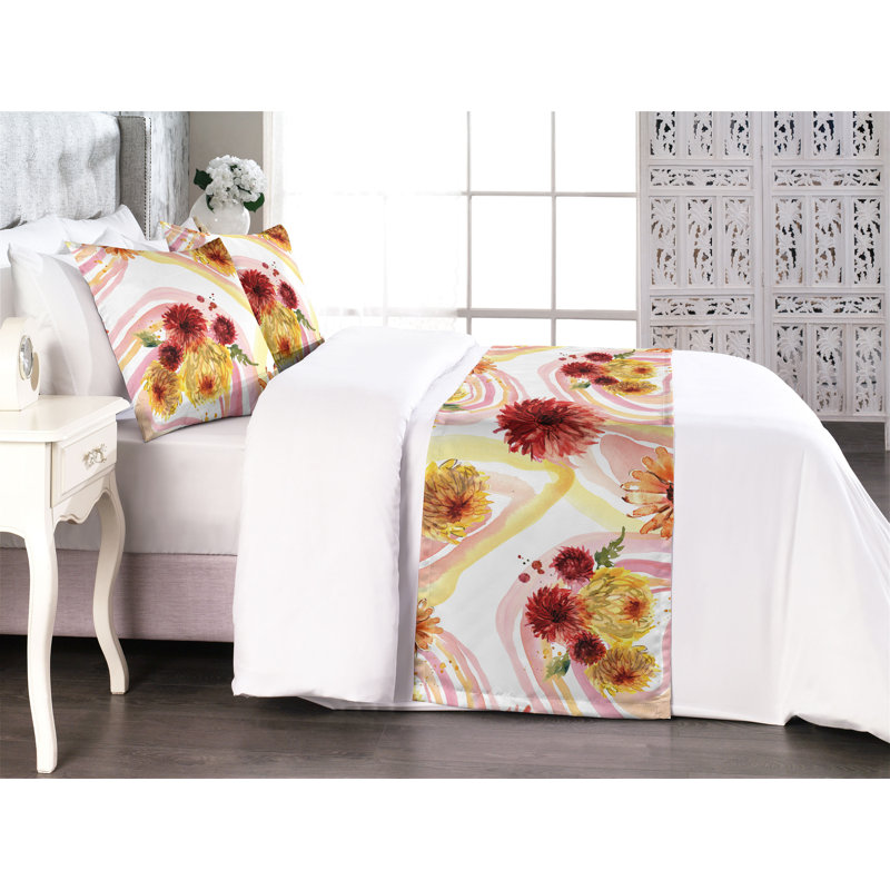 Ensemble de chemin de lit Ambesonne Floral Aquarelle Gerbera Groovy Art Blush, Très grand lit