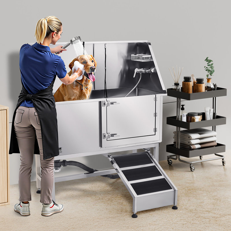 Baignoire de toilettage pour chien 50 po en acier inoxydable avec filtre à eau rampe, H 58,7 po x l 50 po x P 22,8 po
