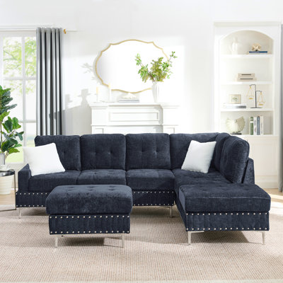 Canapé modulaire en L 4 places avec coussins de repose-pieds en chenille 4 places avec garniture cloutée et pieds en métal