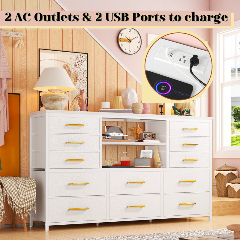 Dresser For Bedroom With Power Outlets And Led Lights, Fabric Drawers TV Stand Dressers With 2 Tire Shelves, White