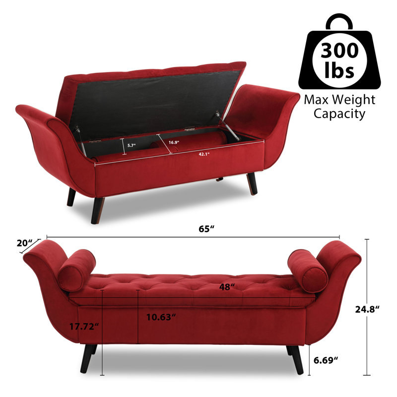 Velvet Upholstered Storage Bench, Red