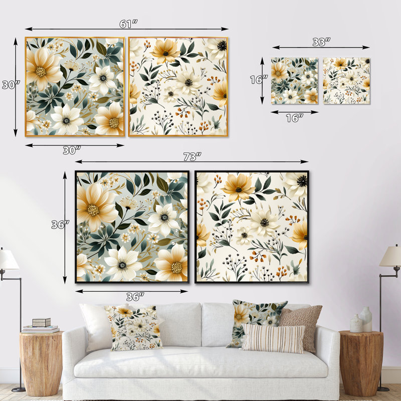 Stotfold - Ensemble de 2 collages carrés floral et botanique, Cadre flottant blanc, H 16 po x l 33 po