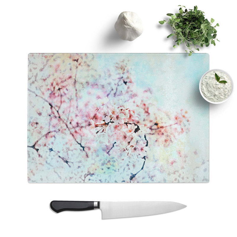 Glass Japanese Cherry Tree in Pink in Abstract Chopping Board, 28.5 cm W x 20 cm L
