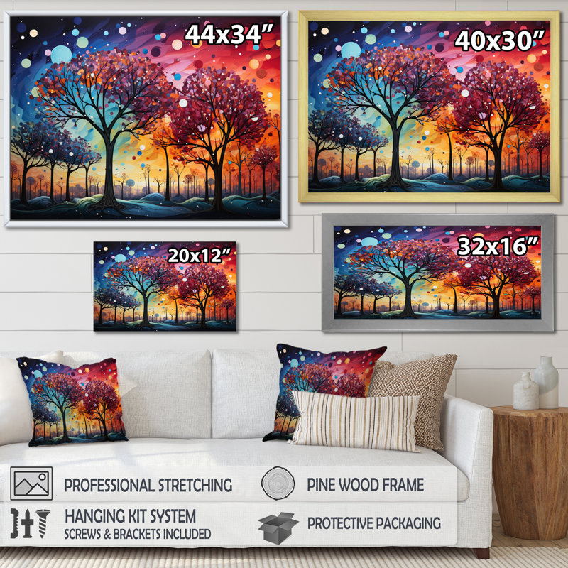 Arbres mystiques colorés - impression, H 30 po x l 40 po x P 1,5 po, Cadre photo noir