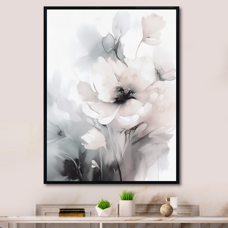 Douces fleurs gris clair I - art mural floral, H 32 po x l 24 po, Cadre flottant noir