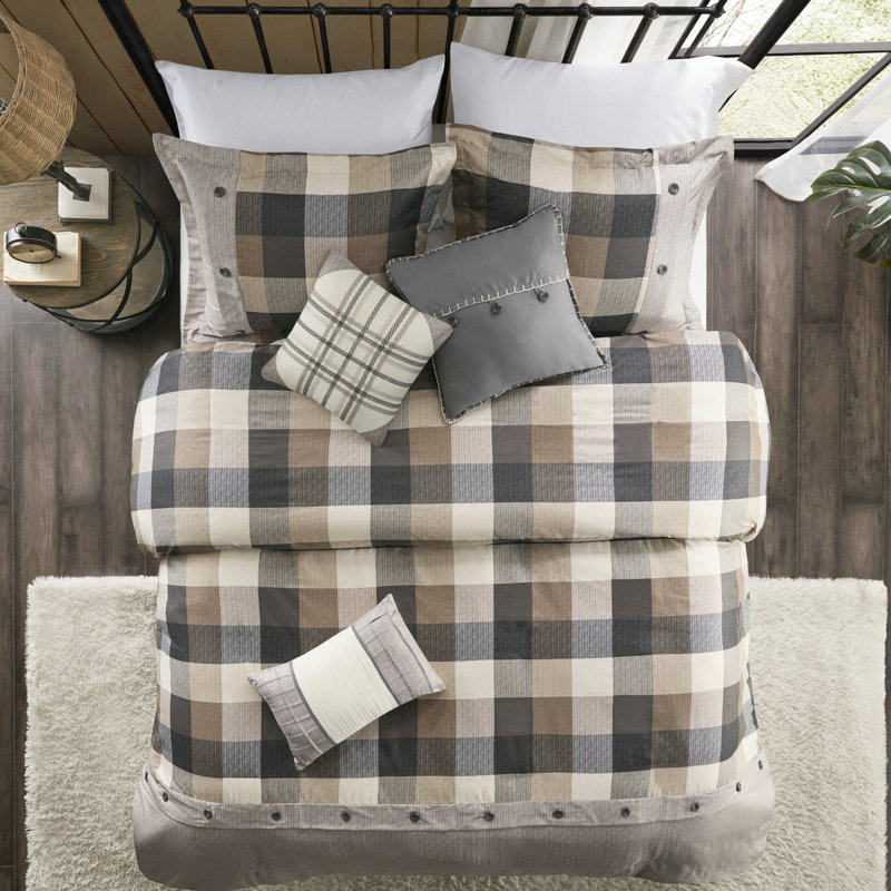 Housse de couette à chevrons 6 pièces en tissu écossais multicolore pour grand lit avec texture lisse, Taupe