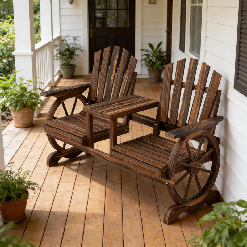 Rustic Wagon Wheel Garden Bench with Storage Table, Carbon