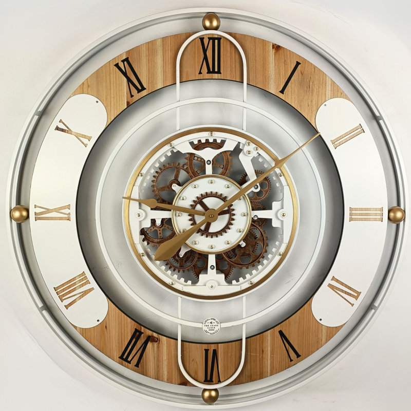 Oversized White and Wood Analog Wall Clock with Moving Gears