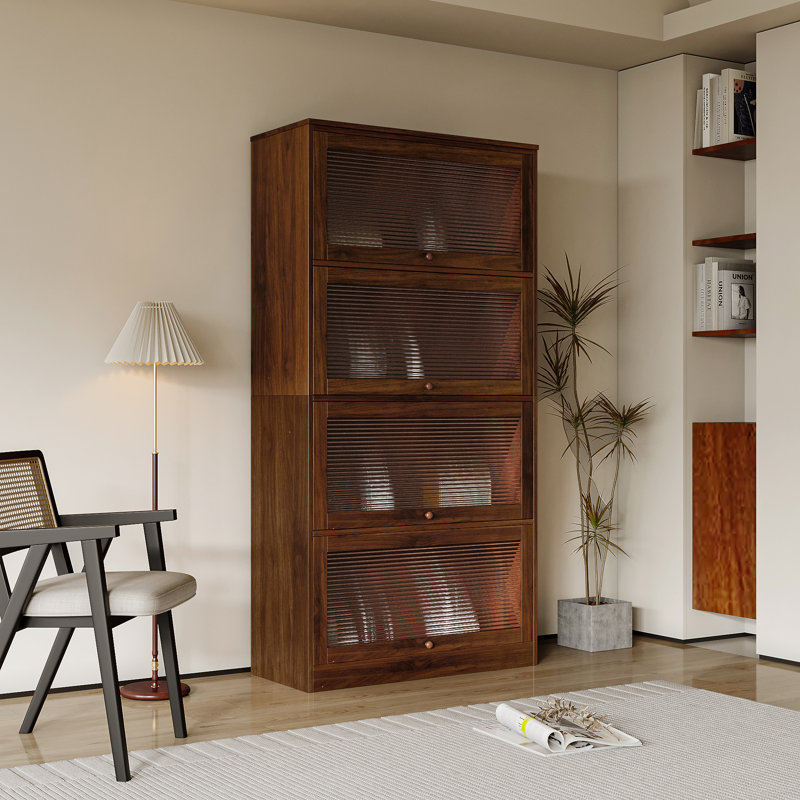 Bookcase Contemporary Closed Back Glass Doors Office Storage Cabinet,Sideboard,Bookcase,Book Shelf, Walnut Brown