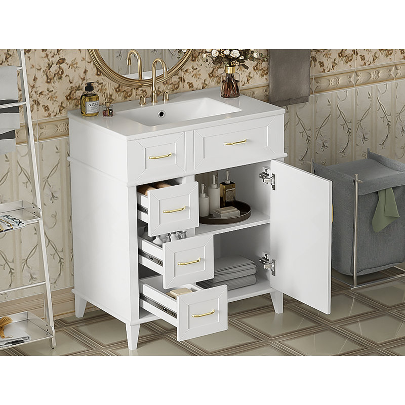 Meuble-lavabo de 30 pouces avec lavabo en céramique, tablette réglable, porte à fermeture en douceur et trois tiroirs à fermeture en douceur