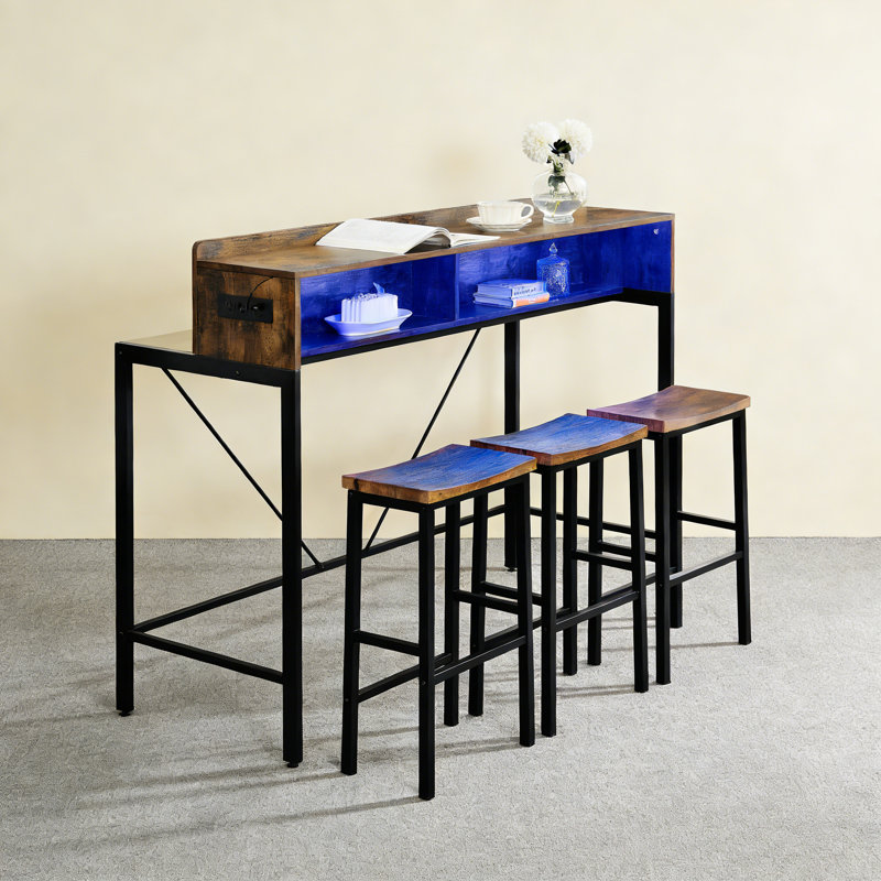 Ensemble de table de bar et de chaises 4 pièces, table de bar avec lumière DEL et 3 tabourets de selle, Brun