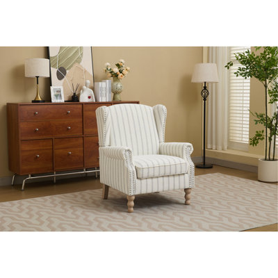 Modern Accent Chair with Retro Wood Legs, Comfy Upholstered Armchair, Floral Design Single Sofa Chair for Living Room Bedroom Office - Stripe