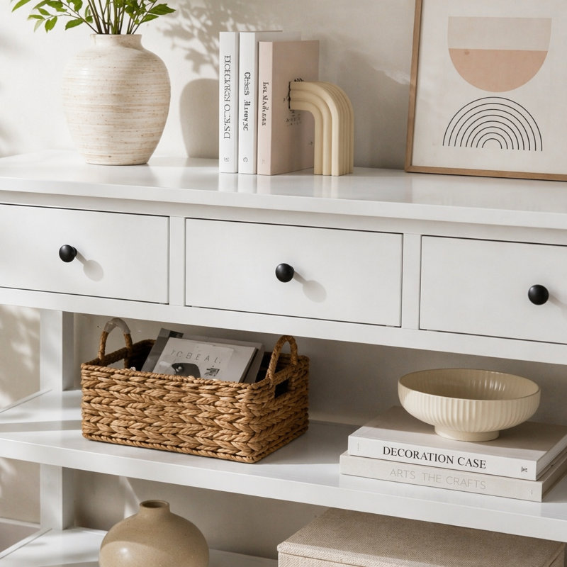 50 " W Solid Wood Top Console Table, Ivory / Antique White, Ivory, Antique White