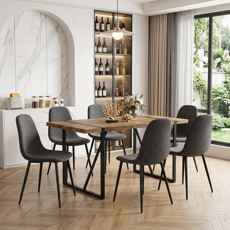 Ensemble de salle à manger 7 pièces rectangulaire moderne en bois avec base géométrique en métal et chaises rembourrées, 7