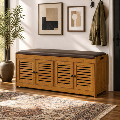Bamboo Low Shoe Cabinet - Low Profile Storage Cabinet, Shoe Storage Bench with Doors, 46" Shoe Changing Bench, Entry Way Bench with Shoe Storage for Entryway, Hallway, Natural Finish