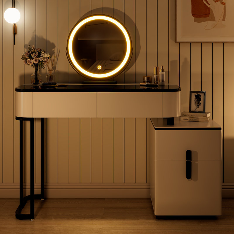 Modern Vanity Table with Tempered Glass Top, Adjustable Height Legs, Multi-functional Storage Cabinet and Round Mirror, White and Black, 100cm/39.37in Wide - Perfect for Bedroom, Dorm, Small Spaces.