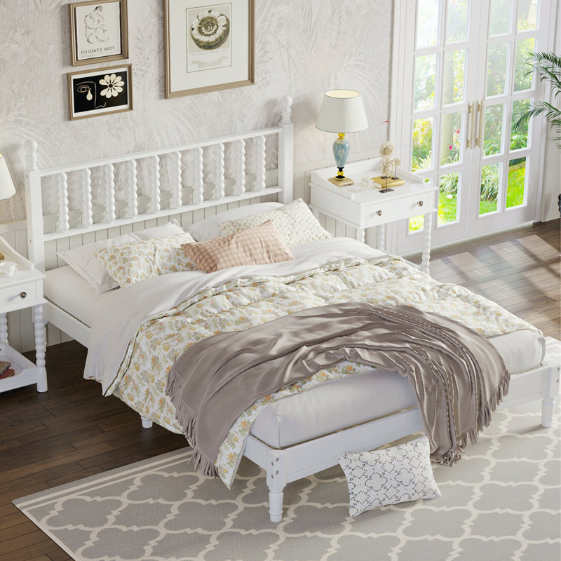 Lit standard avec tête de lit rétro Rambha, Blanc, Grand