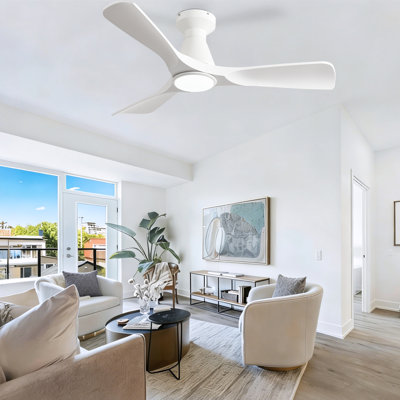 42 Inch White 3 Blade Flush Mount Low Profile Ceiling Fan with Lights and Remote, Dimmable Indoor Outdoor Fan with Remote Control Quiet DC Motor Timer
