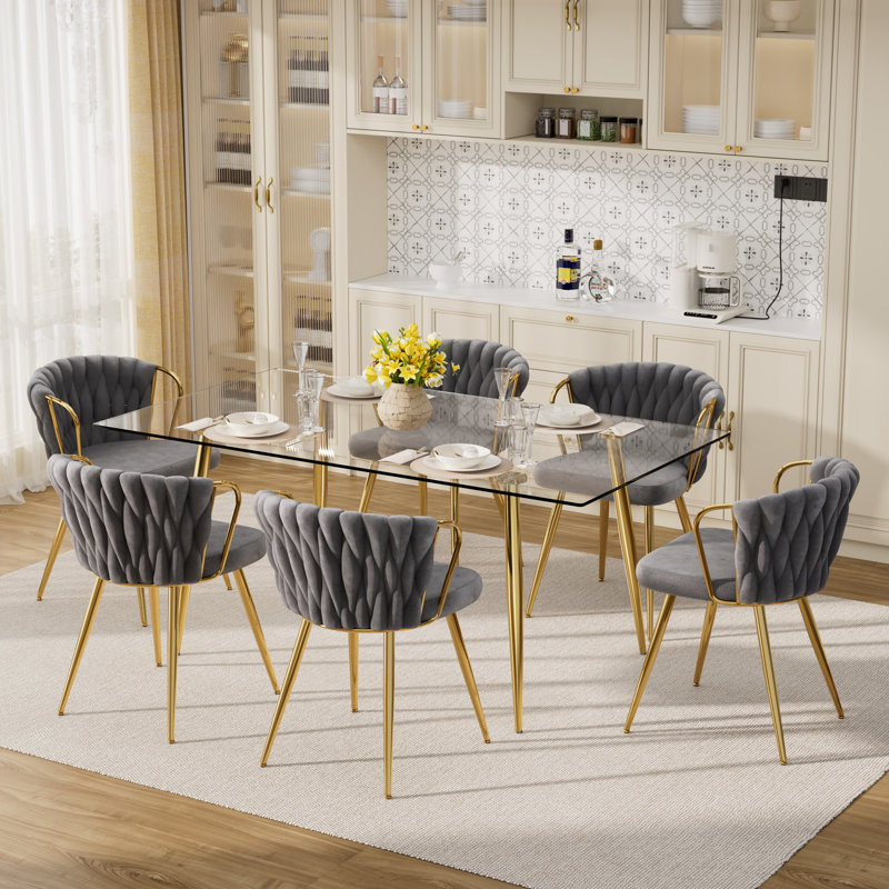 Glass Top Dining Set for 6, Grey, 5 Pieces: Table, 4 Chairs, 29.5" H x 63" L x 31.5" W