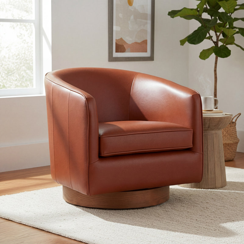 Fauteuil demi-tonneau pivotant en cuir fleur de l 28,5 po Bheema, Cuir véritable caramel