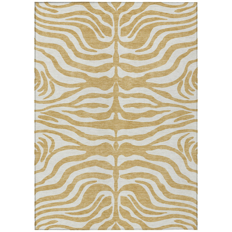 Gold and White Zebra Pattern Washable Synthetic Area Rug
