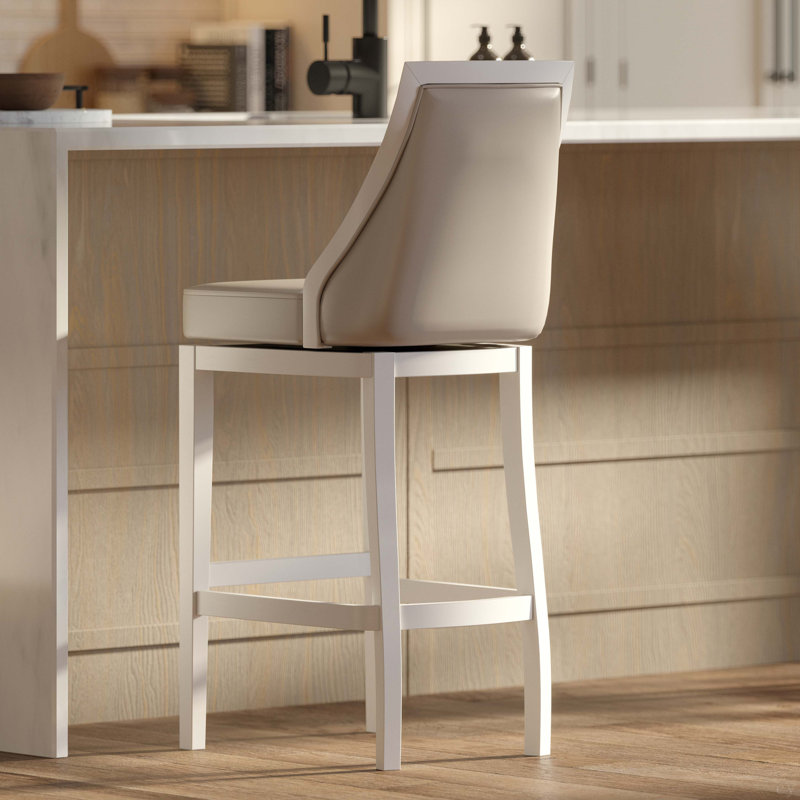 Tabouret de bar à dossier haut, blanc avec siège en similicuir gris