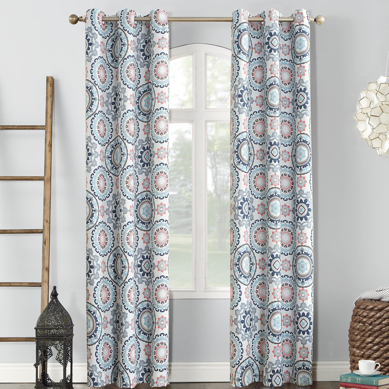 Sun Zero Nepal Global Medallion Print Blackout Grommet Curtain Panel, Blue/White, 40" W x 63" L