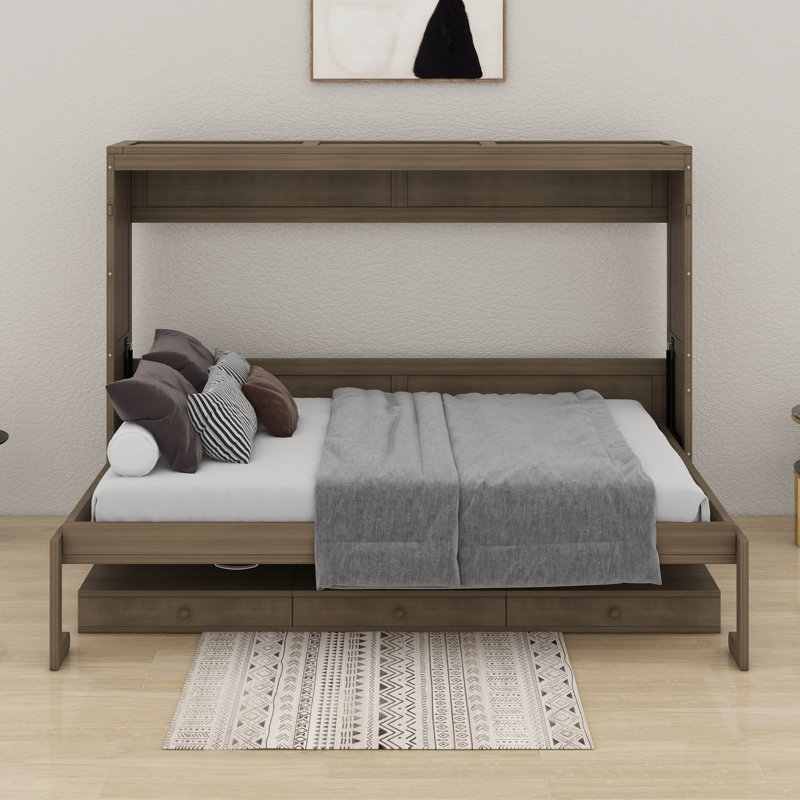 Grand lit escamotable mural avec rangement, bureau, miroir central et 2 tiroirs latéraux, Gris patiné